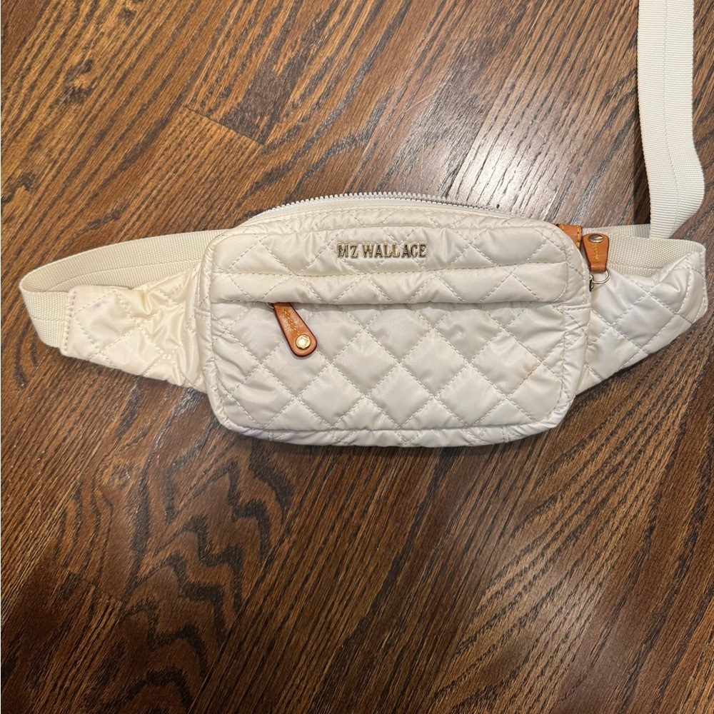 MZ Wallace Quilted Cream Belt Bag with Tan Accents